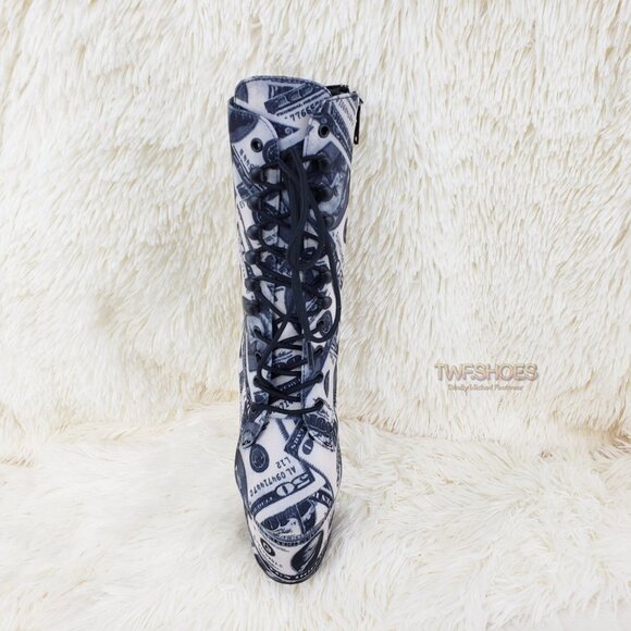 Dollar Bill  Money Print 7" High Heel Platform Lace Up Ankle boots - Picture 9 of 10